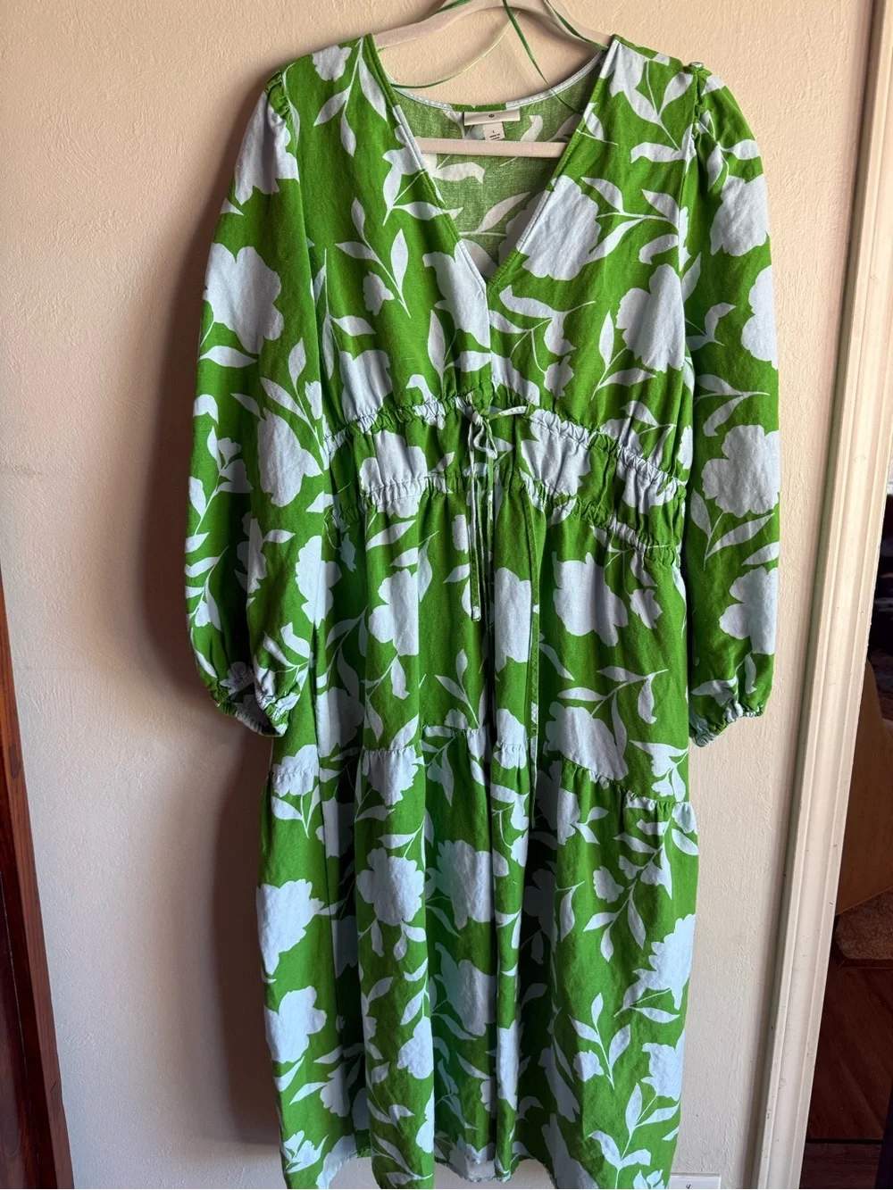 Kate Spade New York Large Green Floral Long Sleeve Maxi Dress Drawstring